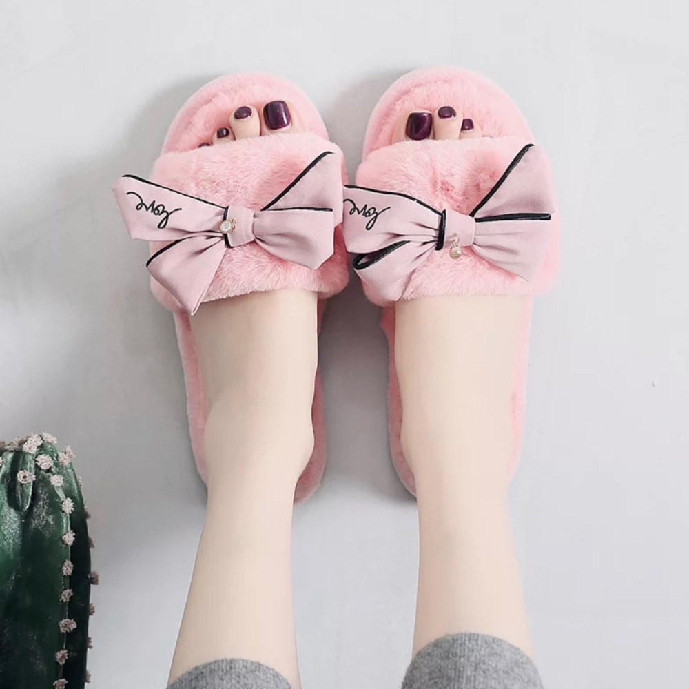 Pink Bow faux fur plush slipper wedding gift slipper